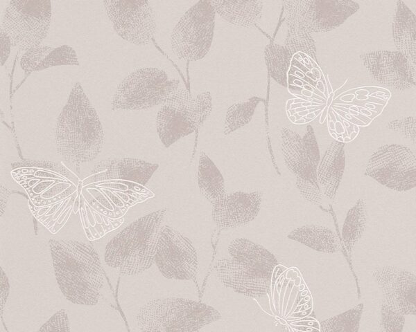 Papel de Parede Vinílico Life 4 304322 Folhas e Borboletas com leve brilho Tom de Cinza e Branco